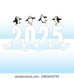 Four Happy Party Penguins Dancing on top of Year 2025 made of Melting Ice due to Global Warming on Blue Horizon