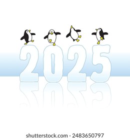 Cuatro pingüinos felices bailando encima del año 2025 en esculturas de hielo