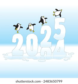 Cuatro pingüinos felices que bailan encima del año cambiante congelado 2024-25 hecho del hielo que se derrite debido al calentamiento global