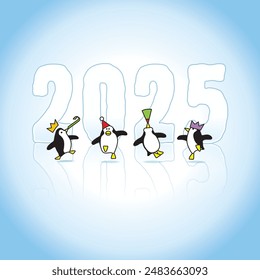 Four Happy Party Penguins Dancing in front of Frozen Year 2025 Ice Sculpture