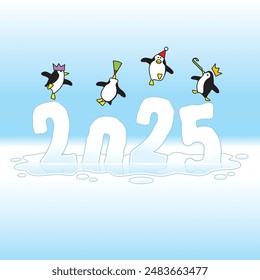 Four Happy Party Penguins Dancing on top of Year 2025 Sculptures made of Melting Ice due to Global Warming