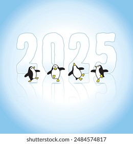 Four Happy Party Penguins Dancing in front of Frozen Year 2025 Ice Sculpture