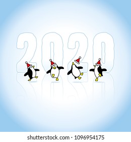 Four Happy Party Penguins wearing Santa Claus Hats Dancing in front of Frozen Year 2020 with reflections in Ice