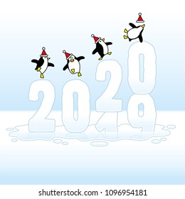 Four Happy Party Penguins wearing Santa Claus Hats Dancing on top of Frozen Changing Year 2019-2020 made of Ice Sinking in Puddle