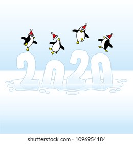 Four Happy Party Penguins wearing Santa Claus Hats Dancing on top of melting Frozen Year 2020 sinking into an icy Puddle