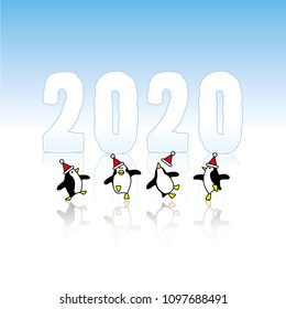 Four Happy Party Penguins wearing Santa Claus Hats Dancing in front of Frozen Year 2020 with reflections in Ice