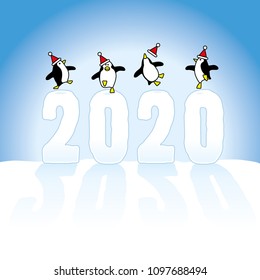 Four Happy Party Penguins wearing Santa Claus Hats Dancing on top of Frozen Year 2020 made in Snow dasting long shadows on Blue Horizon