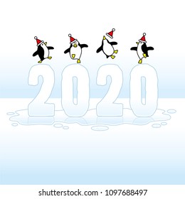 Four Happy Party Penguins wearing Santa Claus Hats Dancing on top of melting frozen Year 2020 on wet puddle against a Blue Horizon