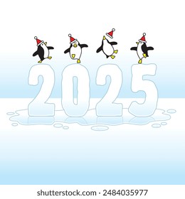 Four Happy Party Penguins wearing Santa Hats Dancing on top of melting Year 2025 Sculpture made in Ice on Blue Horizon