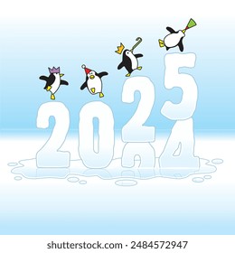 Four Happy Party Penguins wearing Paper Hats Dancing on top of Frozen Changing Year 2024-25 Ice Sulpture Slowly Melting due to Global Warming