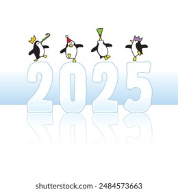 Four Happy Party Penguins Wearing Paper Hats Dancing on top of Year 2025 Ice Sculpture