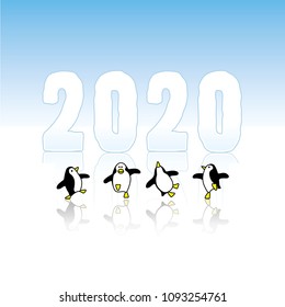 Four Happy Penguins Dancing in front of Frozen Year 2020 on reflective Ice