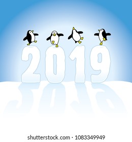 Four Happy Penguins Dancing on top of Frozen New Year 2019 made in Snow on Blue Horizon