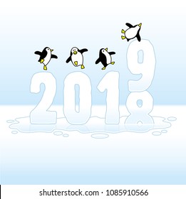 Four Happy Penguins Dancing on top of melting Frozen Year 2018 t0 2019 made of Ice