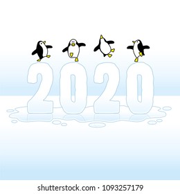 Four Happy Penguins Dancing on top of Melting Year 2020 in Ice on big Puddle