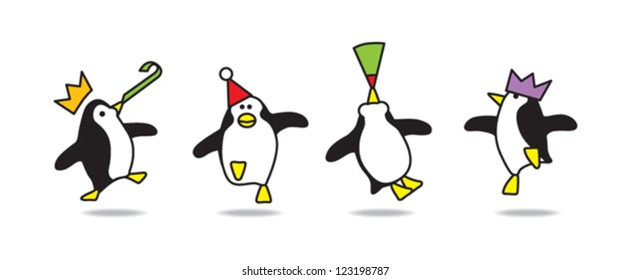 Four Happy Penguins Dancing at a Party