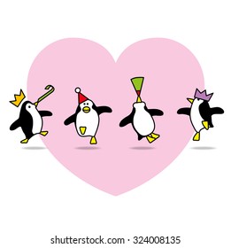 Four Happy Penguins in Party Hats Dancing in front of Pink Heart on White background