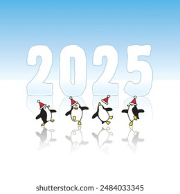 Four Happy Penguins wearing Santa Hats Dancing in front of Year 2025 Sculpture made in Ice