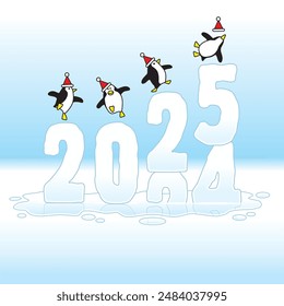 Four Happy Penguins wearing Santa Hats Dancing on top of Frozen Changing Year 2024-25 Sculptures made of Melting Ice