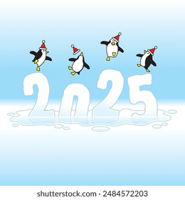 Cuatro pingüinos felices con sombreros de Papá Noel bailando encima de la escultura de hielo del año 2025 que se derrite