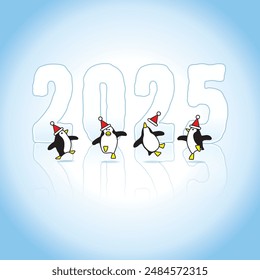 Four Happy Penguins Wearing Santa Hats Dancing in front of Frozen Year 2025 Ice Sculpture