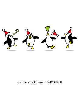 Four Happy Penguins wearing Santa Hats Dancing at fun Party