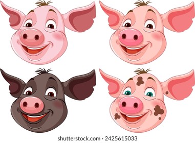 Four happy pig characters with different expressions.