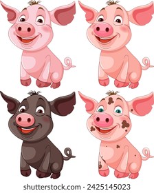 Four happy pigs with different expressions and colors.