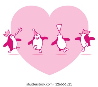 Four Happy Pink Penguins Dancing at a Party with Pink Heart on White Background