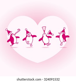 Four Happy Pink Penguins Dancing at a Party with White Heart on Pale Pink Background
