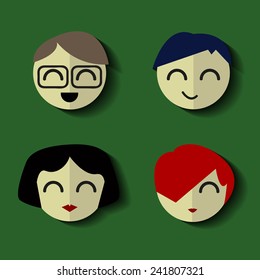 four happy smiles in flat design depicting people. may be colleagues or a family