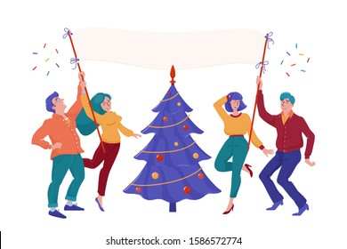 Four happy, smiling people, men and women, holding blank banner, placard, billboard with place for text, dancing near Christmas tree, flat cartoon vector illustration isolated on white background