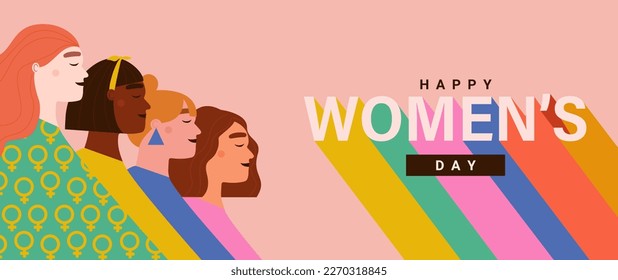 Cuatro mujeres sonrientes felices unidas.Diferentes nacionalidades y culturas amistad, unión de feministas,hermandad.Concepto del movimiento de empoderamiento femenino.Día Internacional de la Mujer.Vector