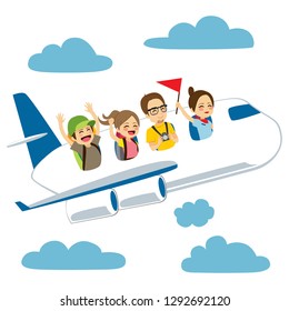 Four happy tourist people traveling with plane on sky