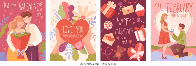 Four Happy Valentines Day cute cartoon cards with romantic couple in love, heart and sweet gifts as well as a marriage or engagement proposal