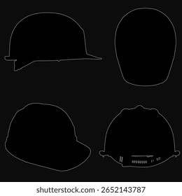 Quatro capacetes duros na silhueta destacam-se contra um fundo preto, apresentando diferentes estilos e desenhos. O forte contraste realça suas formas e detalhes.
