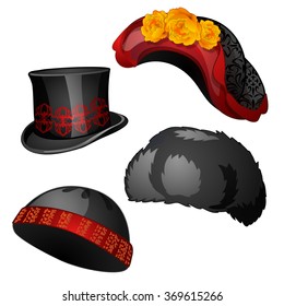 Four hats of black color isolated on white background. Vector cartoon close-up illustration.