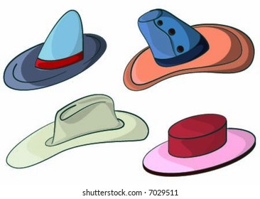 Four hats, cowboy, woman, man, sorcerer