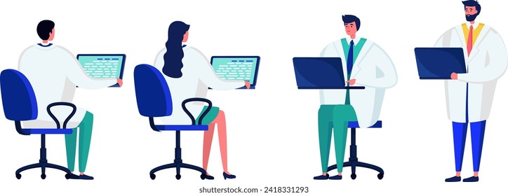 Four healthcare professionals with laptops. Diverse medical team in lab coats using computers. Technology in healthcare vector illustration.