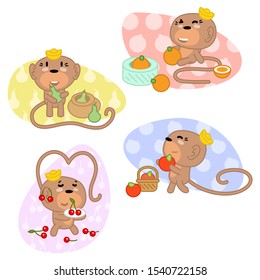 Four healthy monkeys with fruit such as oranges, pears, apples and cherries, on corresponding background shapes (vector illustration in kawaii style)