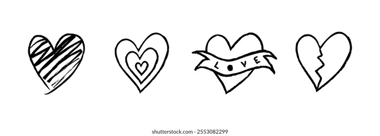 Four heart doodles: striped heart, heart with 'love' banner, broken heart. Simple designs, love theme, black and white hearts. Cute hand drawn love doodle, element set. Vectors.