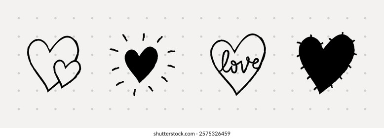 Four heart illustrations in black and white. Heart designs include outlines, and a solid black heart. Simple heart motifs. Cute hand drawn love doodle. Vectors.