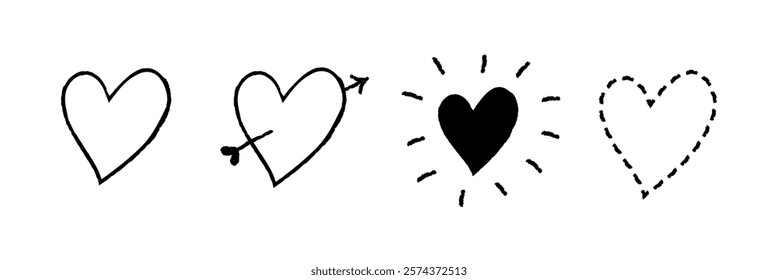 Four heart illustrations: simple heart, heart with arrow. Heart designs in black and white, perfect for creative projects. Cute hand drawn love doodle, set. Vectors.