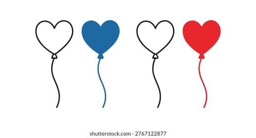 Four heart shaped balloons in black outline, blue fill, black outline, and red fill on pure white background