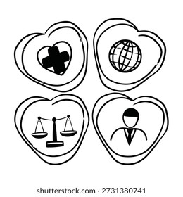 Cuatro iconos en forma de corazón que representan la salud, la ley terrestre y la humanidad
