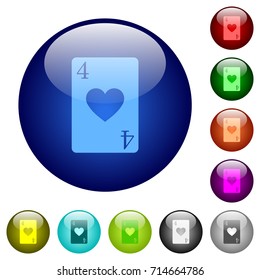 Four of hearts card icons on round color glass buttons