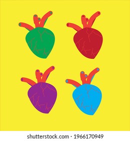 four hearts colored green, red, purple and blue arranged
