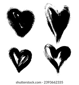 A cuatro corazones les encanta el conjunto de iconos vectoriales negros de pincel de forma. Dibujo de un golpe. Elemento de diseño aislado de color gris dibujado a mano.