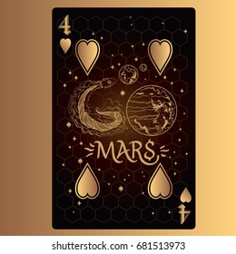 Four of hearts. Playing card with original design on the theme of space.