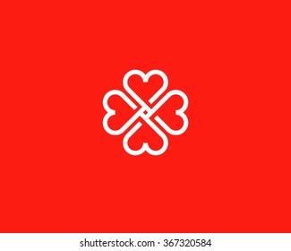Four Hearts Social Vector Symbol. Heart Cross Logotype. Abstract Line Flower Leaf Medical Logo Icon Sign.
